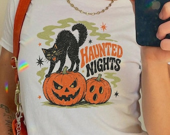 Halloween Black Cat Baby Tee: Haunted Nights 90s Vintage Spooky Season Shirt, Retro Cat Mom Crop Top