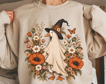 Halloween Goose Floral Sweatshirt, Vintage Spooky Season Crewneck, Retro Witchy Silly Goose Lover Shirt, Trick or Treat Outfit