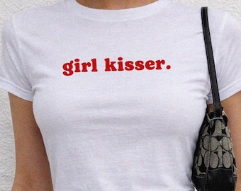 Lesbian Pride Girl Kisser Baby Tee, Aesthetic Gay Graphic Crop Top, LGBTQ Feminist Sapphic Queer Fashion Tee, WLW Femme Subtle Gift