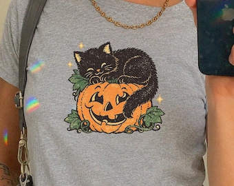 Halloween Black Cat Baby Tee: 90s Vintage Spooky Season Shirt, Retro Cat Mom Crop Top