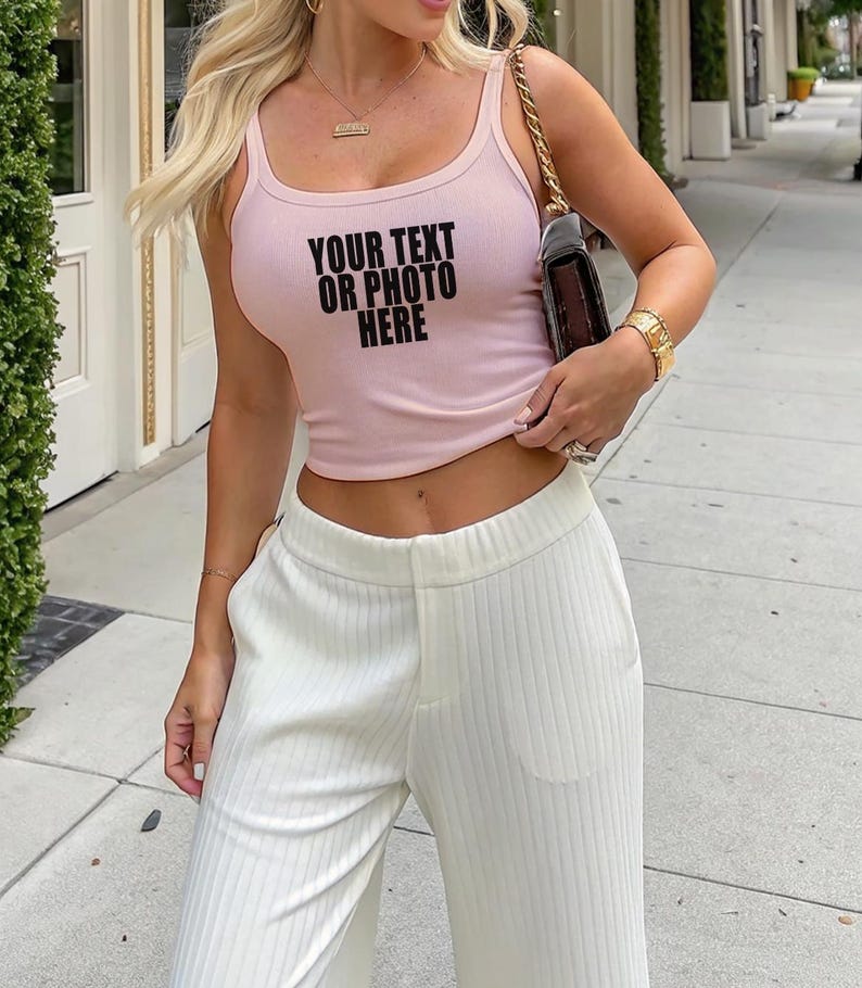 May include: A light pink ribbed tank top featuring the black text YOUR TEXT OR PHOTO HERE printed on the chest, paired with white ribbed wide-leg trousers. The tank top has a scoop neckline and the trousers feature a high-waisted elasticated design.