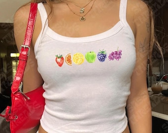 Camiseta sin mangas Fruity Rainbow Gay Pride, camiseta gráfica lésbica estética, regalo moderno LGBTQ bisexual, moda sáfica queer, top sutil WLW Femme