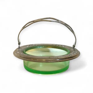 Vintage Depression Glass Bowl With Chrome Rim and Handle