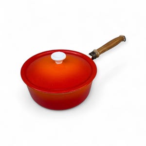Vintage Descoware Orange Flame Enameled Cast Iron Sauce Pan, Belgium