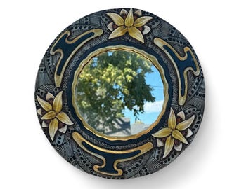 Vintage Mirror In Floral Wood Carved Round Frame