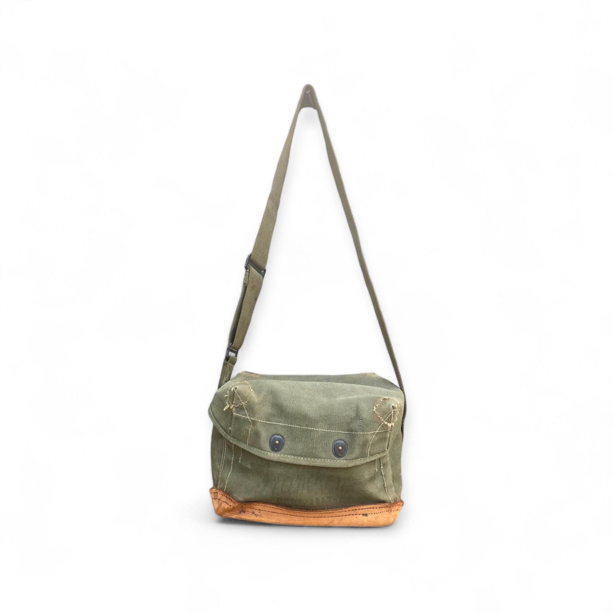 Vintage Army Green Canvas and Leather Shoulder Bag