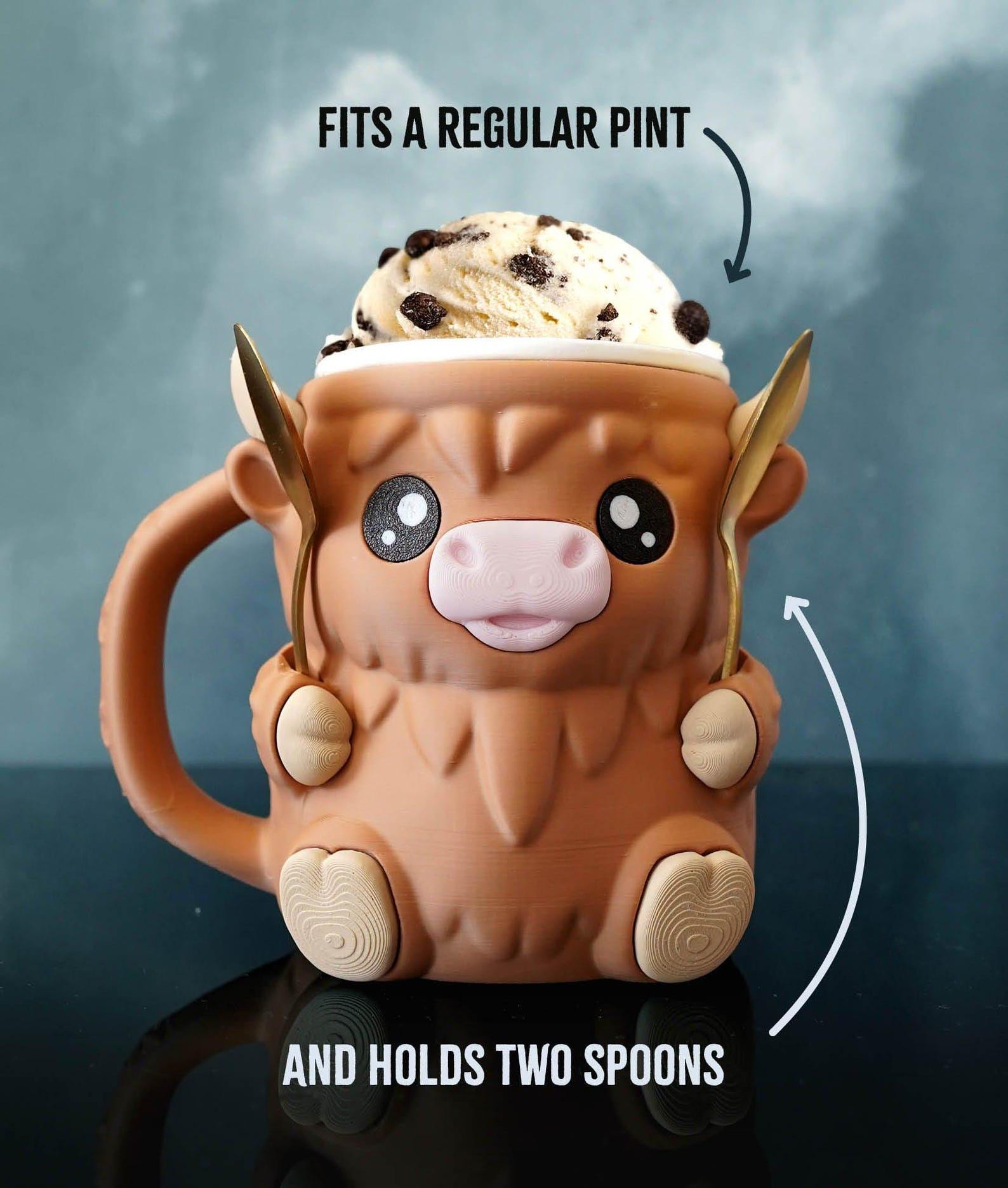 Highland Cow Ice Cream Pint Holder: 3D Printed Dessert Gift