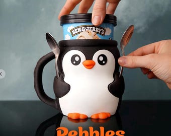 Penguin Ice Cream Pint Holder – 3D Printed Cute Gift – Fits any pint – Spoon Slot – Funny Kitchen Decor