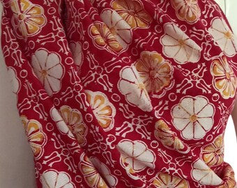 Handmade Red and Gold Batik Fabric - Ethnic Floral Print - Traditional Indonesian Textile for Crafts