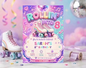 Roller Skating Birthday Invitation, Rainbow Roller Skates Disco Ball Digital Invite for Girls & Kids