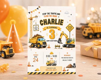 Construction Birthday Invitation, Dump Truck Builder Party Invite (Editable Canva Template)
