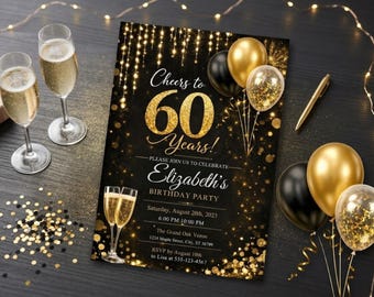 60th Birthday Invitation - Editable Sixty Party Digital Invite for Men and Women (Canva Template)