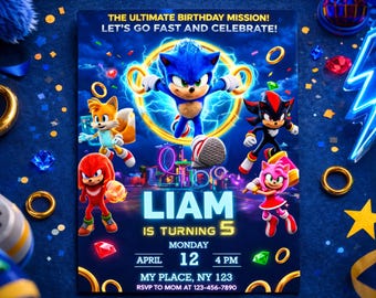 Sonic Birthday Invitation Canva Template, Shadow Sonic the Hedgehog Party invite, Amy rose Card