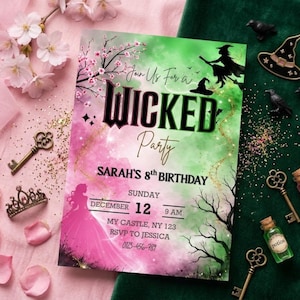 Wicked Birthday Invitation, Editable Witch Themes Party Invite, Canva Template, Movie Inspired (Digital Download)