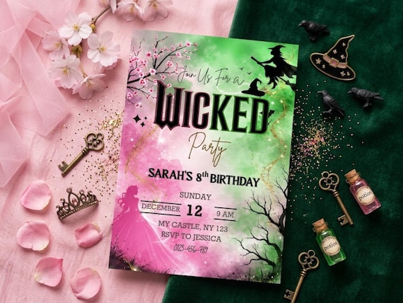 Wicked Birthday Invitation, Editable Witch Themes Party Invite, Canva Template, Movie Inspired (Digital Download)