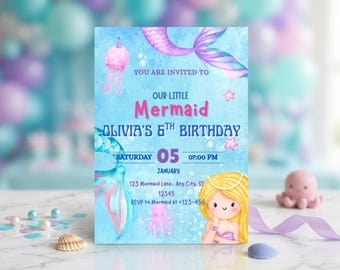 Mermaid Birthday Invitation Template, Under the Sea Little Mermaid Girl Party Invite Card (Digital Download)