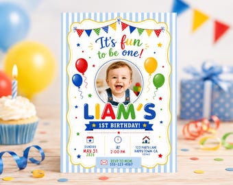 Its Fun to Be One First Birthday Invitation for Baby Boy, Girl (Digital Invite)