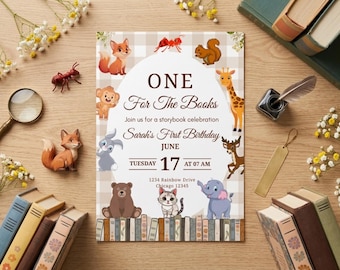 One For the Books First Birthday Invitation Template, Storybook Themed Kids 1st Party Invite Card