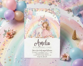 Unicorn Birthday Invitation for Baby Girl Unicorn Princess First Party invite (Editable Canva Template)