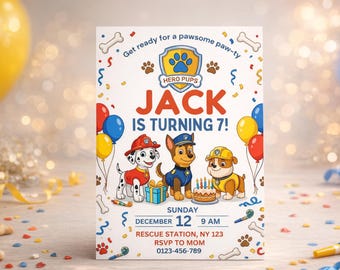 Editable Paw ty Birthday Invitation Puppy Patrol Birthday Invite for Kids Boys and Girls