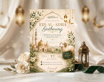 Eid Al Adha Dinner Party Gathering Invitation Template, Islamic Muslim Eid Mubarak Greetings Card