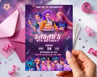 Kpop Demon Hunters Birthday Invitation, Neon Anime Girl Huntrix Party Invite (Editable Canva Template)