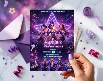 Kpop Demon Hunters Birthday Invitation, Editable Kpop Huntrix Anime Party Digital Invite (Canva Template)