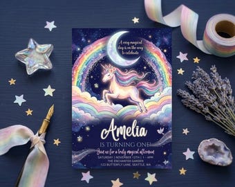 Unicorn Birthday Invitation for Kids Party Girl First Birthday Rainbow Invite (Editable Canva Template)