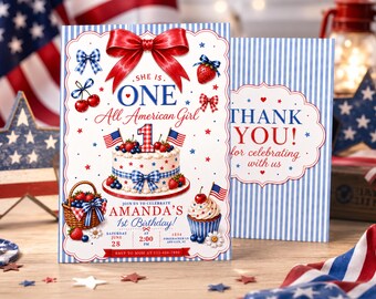 One All American Girl Birthday Invitation, Patriotic 250th Anniversary 1st Birthday Party Invite Card