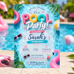 Mall för födelsedagsinbjudan för poolparty, redigerbart sommarinbjudningskort för barnfest (digital nedladdning)