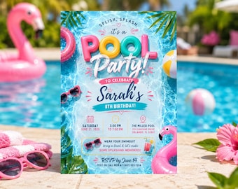 Pool Party Birthday Invitation Template, Editable Summer Swimming Kids Party Invite Card (Digital Download)