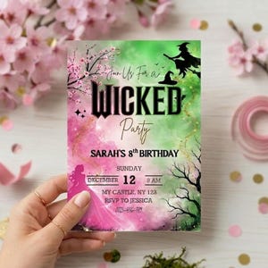 Wicked Birthday Invitation, Editable Witch Themes Party Invite, Canva Template, Movie Inspired (Digital Download)