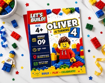 Legos Birthday Invitation Canva Template, Building Blocks Kids Birthday Party Invite Card (Digital Download)