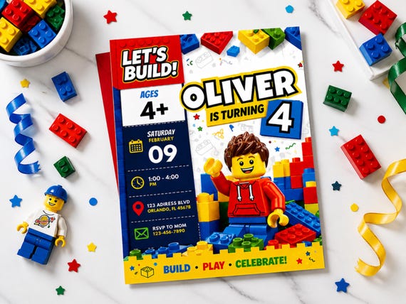 Legos Birthday Invitation Canva Template, Building Blocks Kids Birthday Party Invite Card (Digital Download)