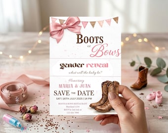 Boots or Bows Gender Reveal Invitation – Rustic Western Cowboy Cowgirl Theme (Editable Canva Template)