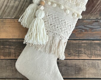 Boho Christmas stocking fringy neutral with wooden beaded tassels Ships freeeeee