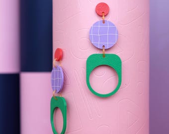 Memphis 80s earrings in red, lilac and green – Unique 3D printed design, bio-sourced materials and handmade