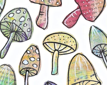 Handmade Mushroom Collage Fodder, Paper Cut Outs for Art Journaling, Mixed Media (1-2 inch)  (A39 t)