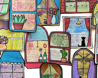 Windows Collage Fodder, Handmade from Book Pages, Colorful Embellishments for Card Making, Scrapbooking, Junk Journal Supplies (A39 wi)