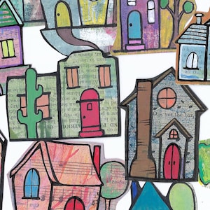 Little Houses Collage Fodder, Handmade Ephemera Cut Outs made from painted book pages for Card Making, Art Journaling, Mixed Media (A39 g2)