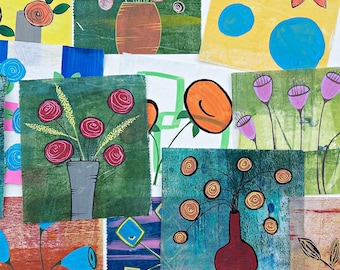 Botanical Collage Paper, Handmade Lightweight Deli Paper in Bright Colors, 5 x 6 inches (A28)