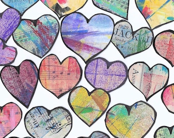 Hearts Collage Fodder, Handmade Ephemera made from painted paper for Art Journaling, Mixed Media Art, Card Making, Scrapbooking, etc (A39 w)