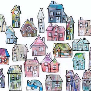Fourrage pour collage de petites maisons, découpes éphémères faites à la main à partir de pages de livre peintes pour la fabrication de cartes, la tenue d'un journal artistique, les techniques mixtes (A39 g)