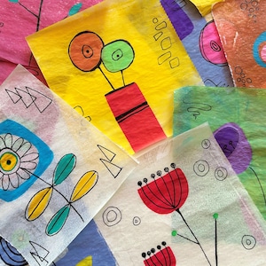 Carta da collage Retro Botanicals, carta da gastronomia leggera dipinta a mano con motivi floreali in colori vivaci per tecniche miste e decoupage (A57)