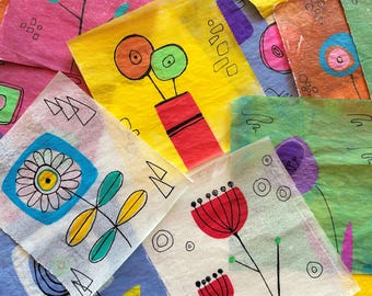 Retro Botanicals Collage Paper, Hand-Painted Lightweight Deli Paper Floral Designs in Bright Colors for Mixed Media Art, Decoupage (A57)
