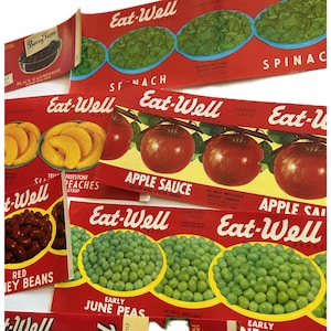 7 étiquettes d'aliments vintage, pommes, framboises, pêches, haricots rouges, épinards, maïs et pois, en rouge rétro vif, super fourrage pour collages ! (B22)