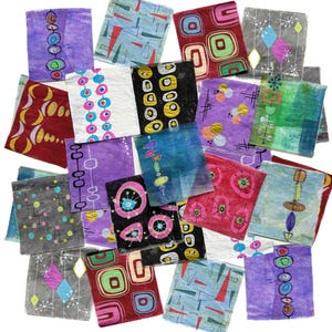 Peut inclure: Une collection de pi&egrave;ces d'art abstrait carr&eacute;es et color&eacute;es. Chaque pi&egrave;ce pr&eacute;sente des motifs g&eacute;om&eacute;triques uniques dans diverses couleurs, notamment le rouge, le bleu, le violet et le jaune. Les &oelig;uvres sont dispos&eacute;es de mani&egrave;re &eacute;parpill&eacute;e et superpos&eacute;e.