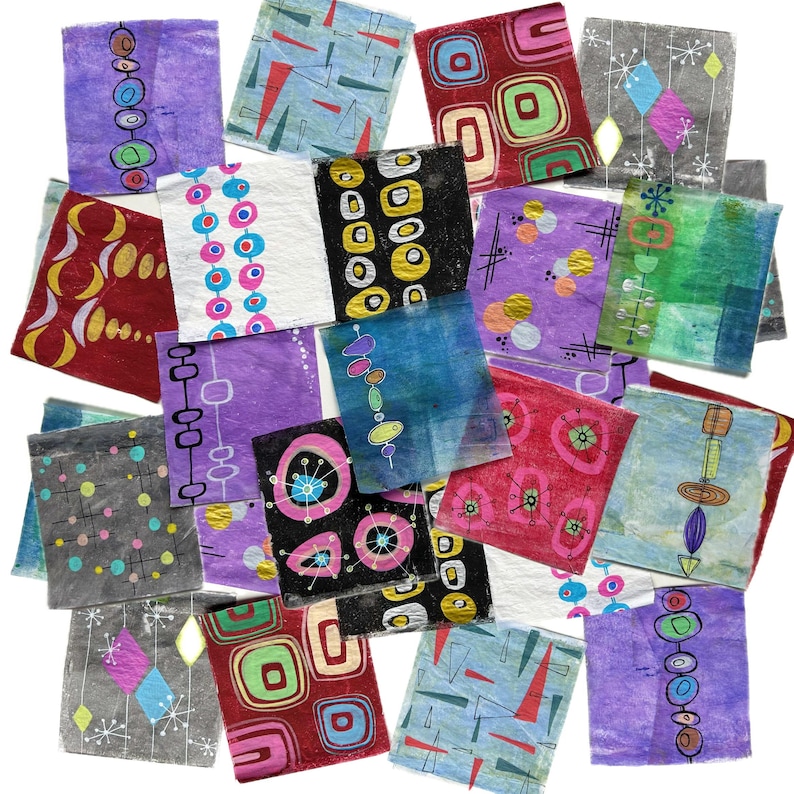 Peut inclure: Une collection de pi&egrave;ces d'art abstrait carr&eacute;es et color&eacute;es. Chaque pi&egrave;ce pr&eacute;sente des motifs g&eacute;om&eacute;triques uniques dans diverses couleurs, notamment le rouge, le bleu, le violet et le jaune. Les &oelig;uvres sont dispos&eacute;es de mani&egrave;re &eacute;parpill&eacute;e et superpos&eacute;e.