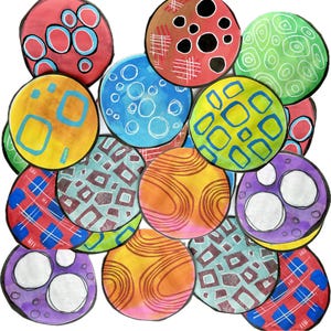 Círculos abstractos coloridos, papel de collage de 7,6 cm, hecho a mano, diseños originales para diario artístico, técnica mixta (A39 3c)