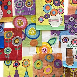 May include: A collection of colorful, abstract floral paintings. Each piece features stylized flowers in vases or as individual blooms, with a variety of bright colors and patterns. The artwork is on textured paper, creating a handmade aesthetic.